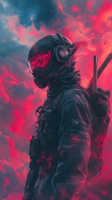 Skyline sentinel in glowing crimson stormlight.