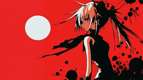 Crimson sky warrior framed by stark white moonlight.