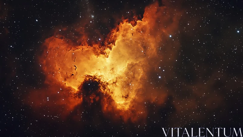 Fiery emission nebula glows against dense starfield backdrop.