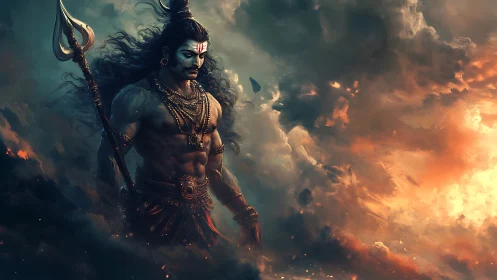 Majestic warrior deity walking through fiery twilight clouds.