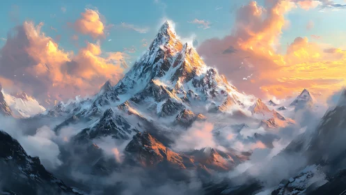 Sunlit mountain kingdom drifts between clouds and quiet sky