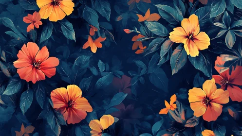 Vibrant flowers bloom against dark teal foliage background