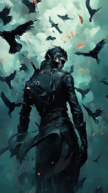 Shadow-cloaked warrior strides through storm of ravens.