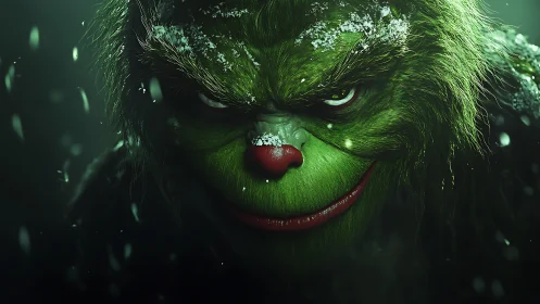 Green furry creature with red nose in close dark portrait.