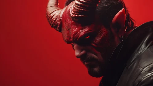 Demonic horned portrait under red cinematic lighting.