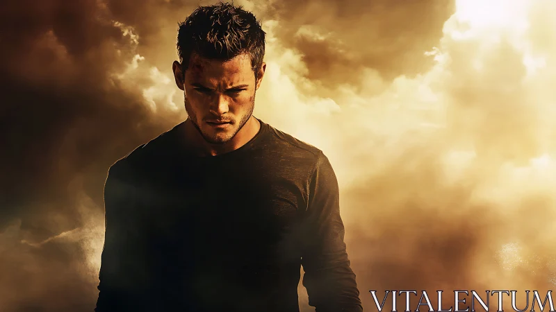 Backlit male figure emerges from high-contrast golden storm clouds