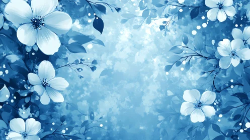 Blue floral composition with white petaled flowers and foliage.