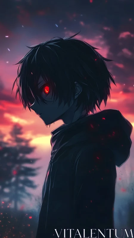 Brooding anime antihero watches a burning crimson sunset