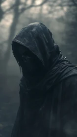 Shadowed wraith in tattered hood stalking through misted wood.