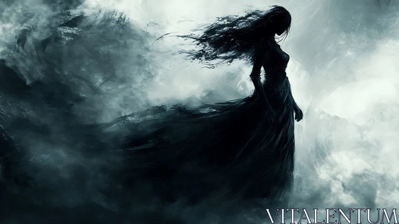 Shadowed woman emerges from storm-torn spectral mist.