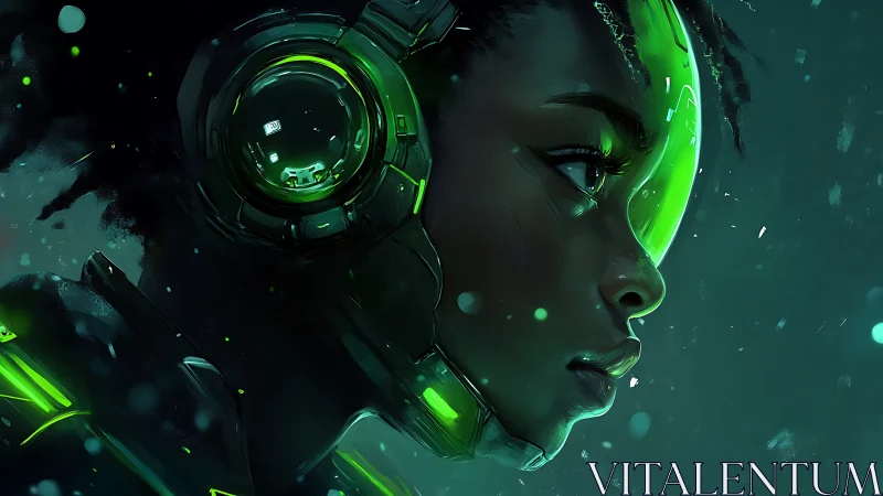 Profile view of cybernetic individual with green visor.