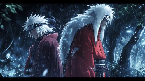 Dual anime warriors in rain-soaked forest, back-to-back standoff