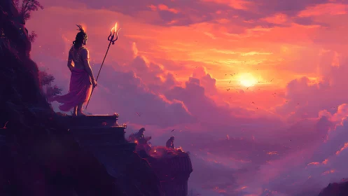 Mythic warrior overlooks sunset valley in cinematic digital painting