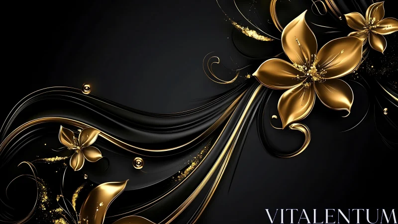 Gold Floral Motifs Against Black Background.