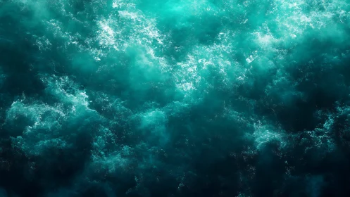 Digital painting of turbulent teal oceanic foam field.