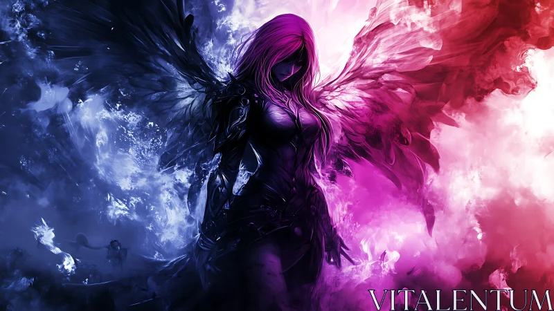 Bicolor winged warrior in asymmetric void, magenta cyan aura