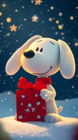 Cartoon puppy holding red gift box in softly lit snowfall