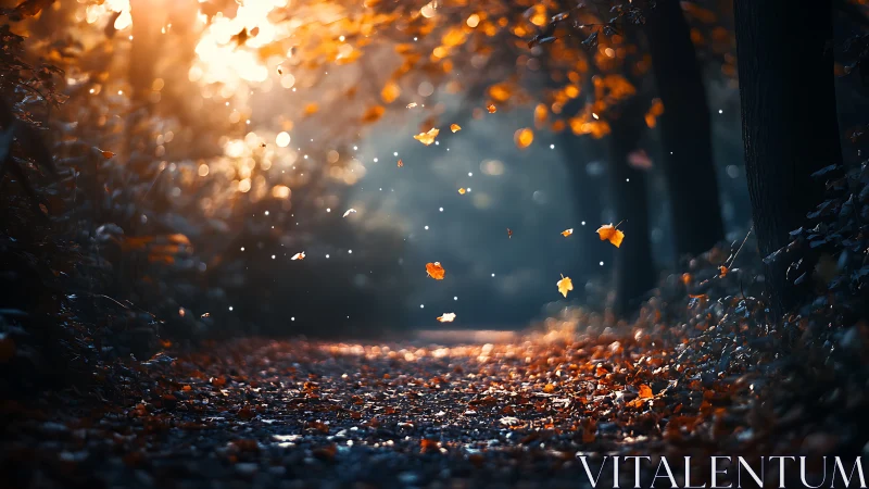 Golden forest path glows gently as autumn leaves drift down