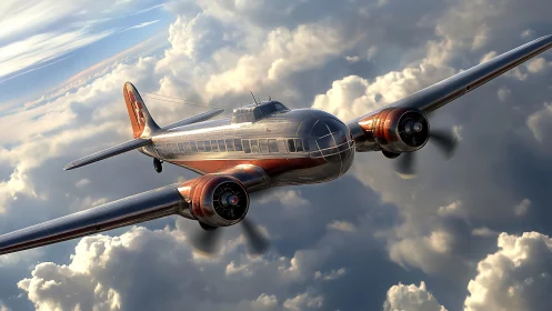 Streamlined twin‑engine vintage airliner in golden cloudscape