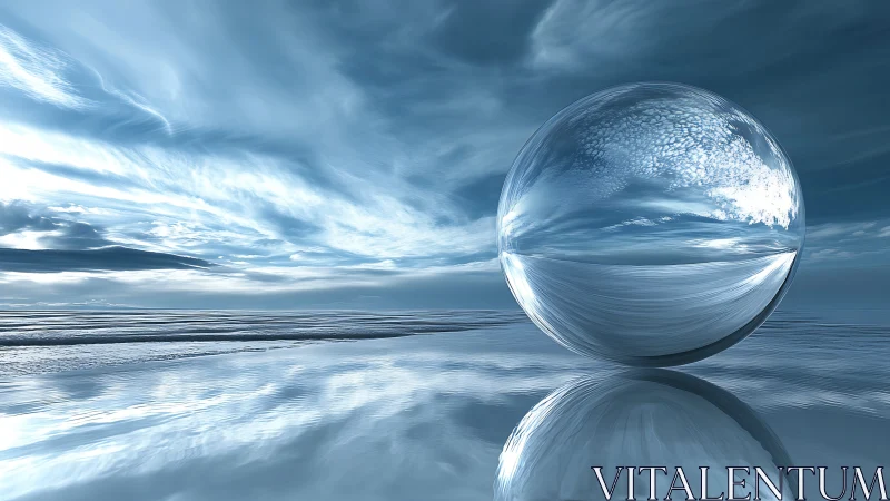 Glasslike sphere rests peacefully on a calm reflective ocean shore