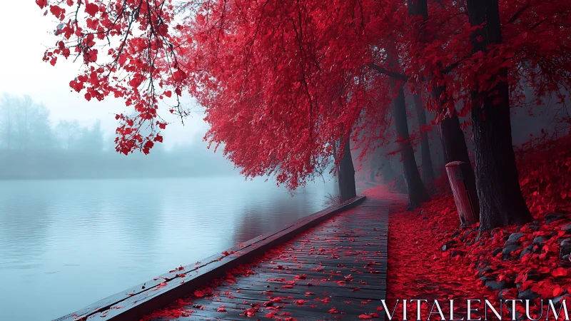 Digital painting of crimson riverbank path in autumn fog.