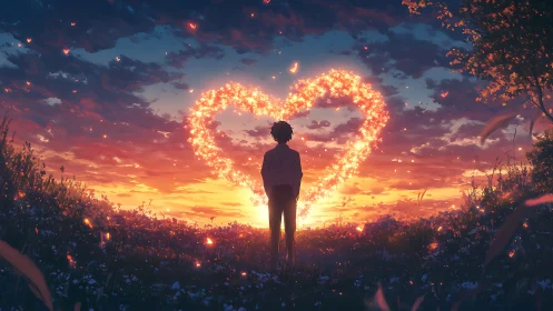 Backlit silhouette beneath a luminous particulate heart nebula.