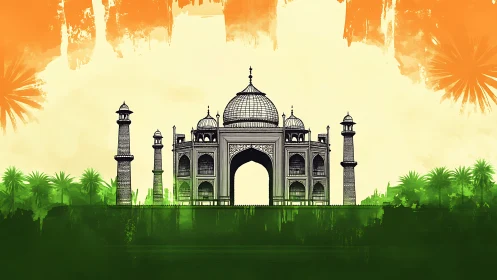Stylized Taj Mahal illustration on tricolour abstract background
