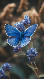 Blue butterfly rests on lavender flower in shallow focus
