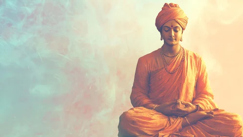 Serene monk in orange robes within pastel meditation haze.