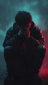 Brooding figure in neon rain finding quiet in the storm.