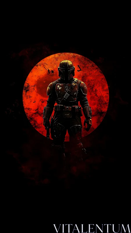 Armored lone warrior silhouette before a crimson solar disc.