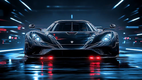 Futuristic hypercar races through neon tunnel at night.