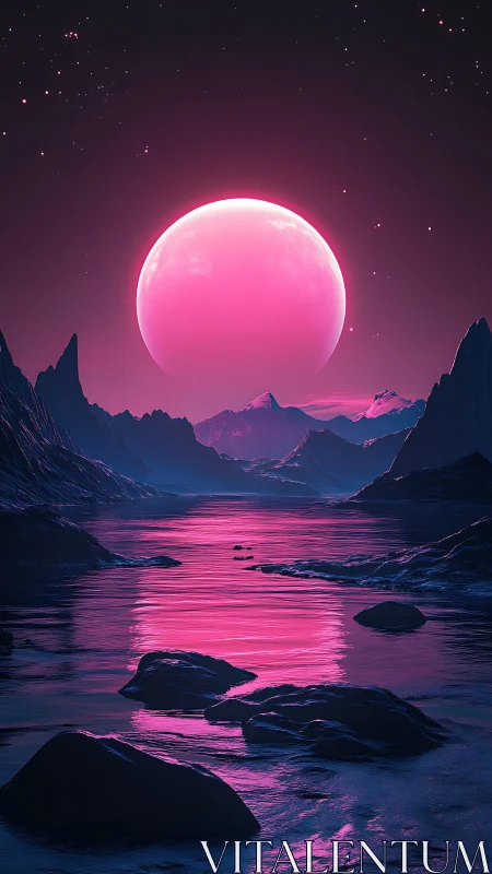 Neon lunar horizon illuminates alien fjord with iridescent glow