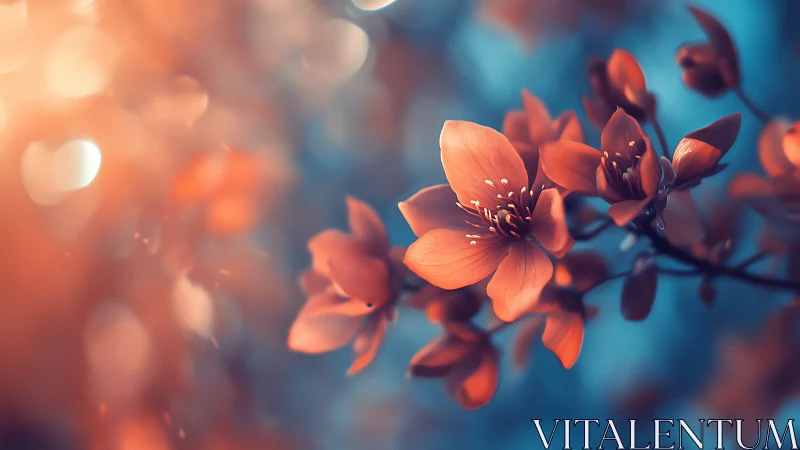 Red flowers photographed with selective focus against blue background.