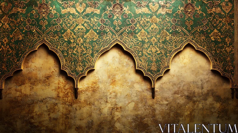 Ornate emerald arches whisper across a timeworn ochre wall