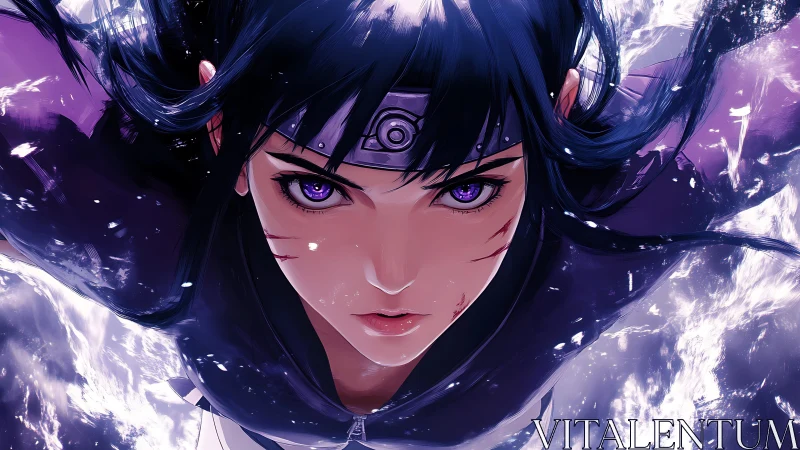 Intense purple eyed kunoichi in dynamic water burst.