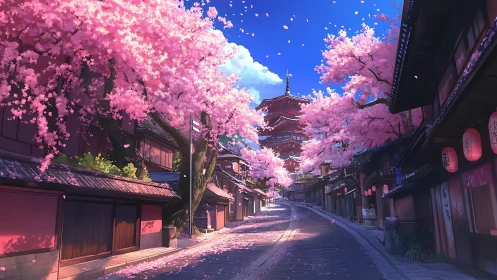 Sakura-lined Kyoto street with pagoda under vivid blue sky.