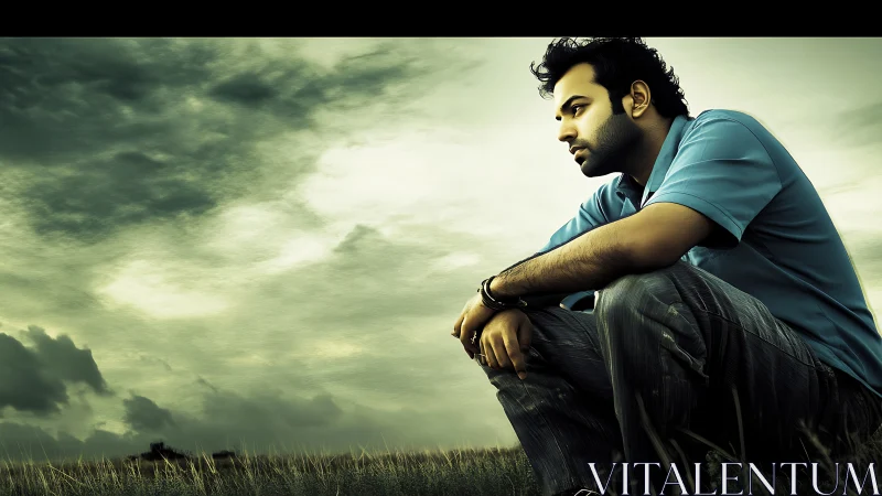 Contemplative figure in graded green field under textured sky.