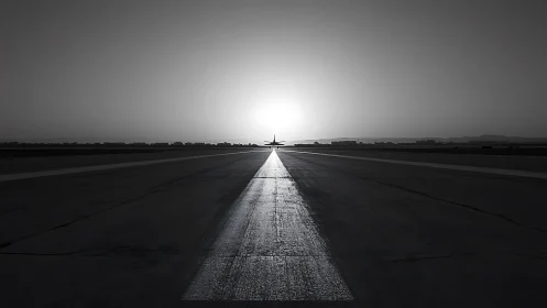 Backlit jet on runway centerline aligned with low horizon sun