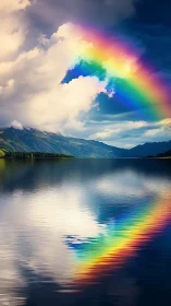 Rainbow arc over mountain lake with mirrored reflection.