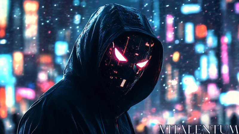 Hooded cybernetic figure in neon lit futuristic city at night.