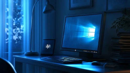 Windows desktop workspace glows under cool blue light.