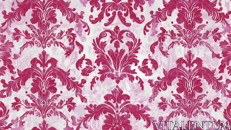 Damask wallpaper pattern with distressed magenta flourishes.
