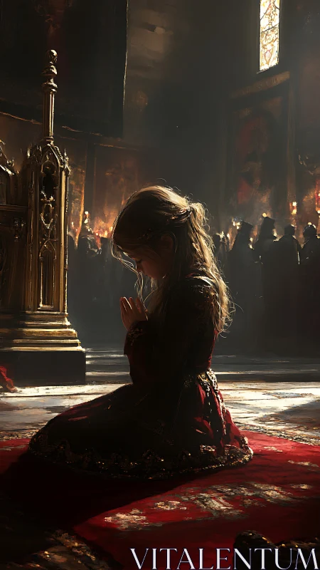 Child in ceremonial dress kneeling in dim cathedral interior.