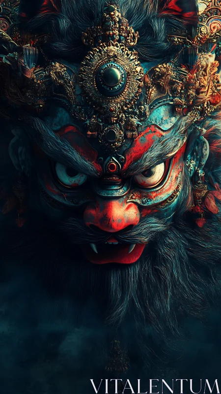 Fierce ornate demon mask glows with swirling mystical power