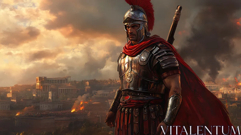 Roman warrior watching a city burn under stormy skies.