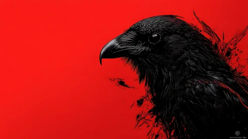 Black crow profile on bold red background graphic art.