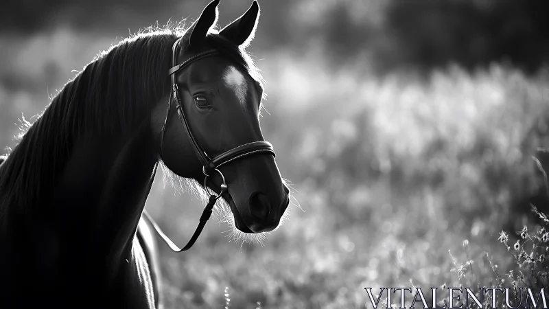 Black horse portrait in luminous backlit meadow field.