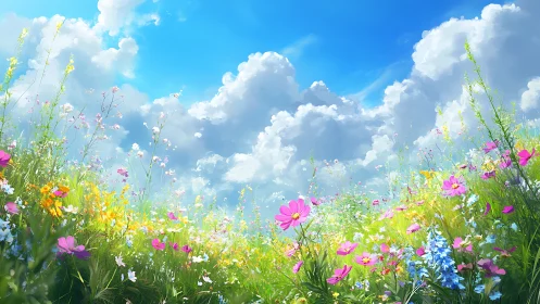 Sunlit wildflower meadow under friendly summer clouds.