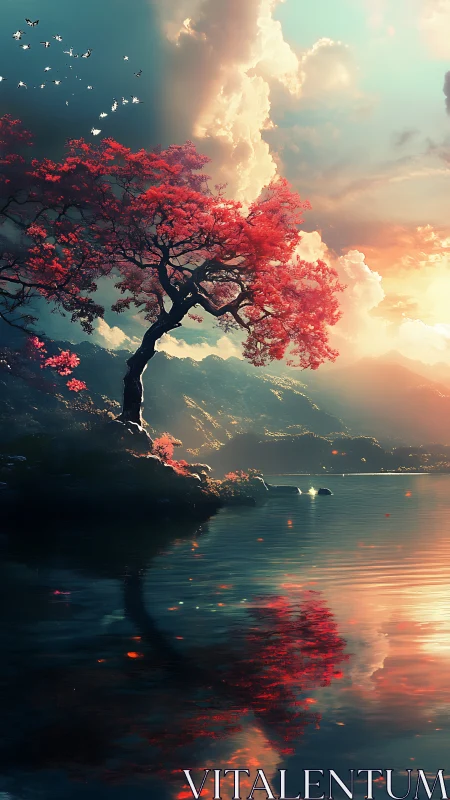 Crimson lakeside tree under luminous stormlit sky.